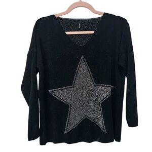 Venti 6 Made in Italy Black Star Sweater Metallic Knit V-Neck Size S/M